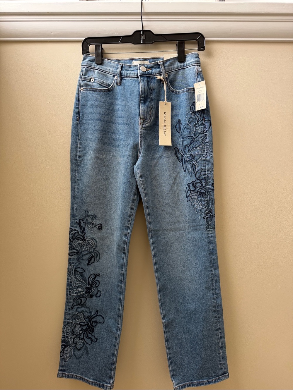Nicole Miller Light Blue Straight-Leg Jeans with Navy Floral Embroidery